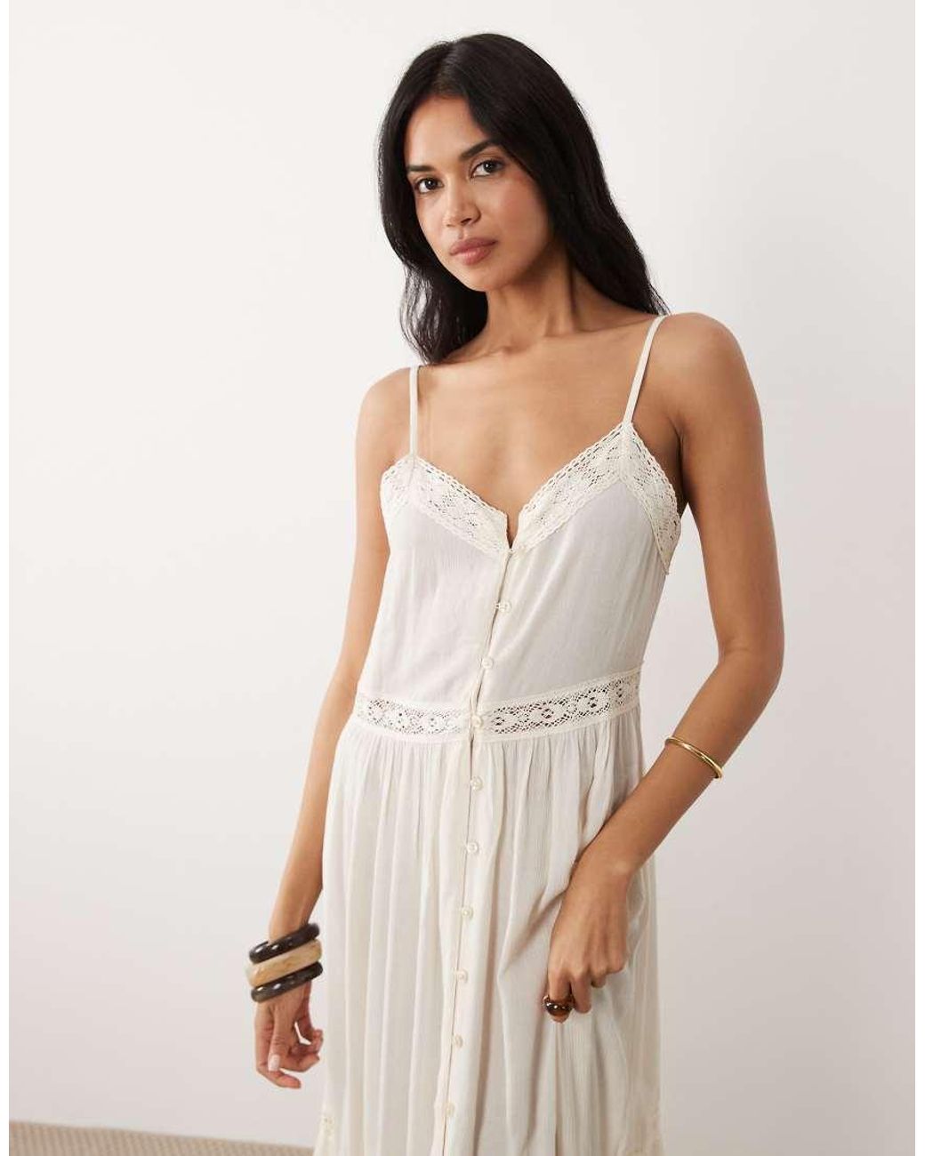Iisla & Bird Natural Semi Sheer Button Down Maxi Dress With Lace Detail