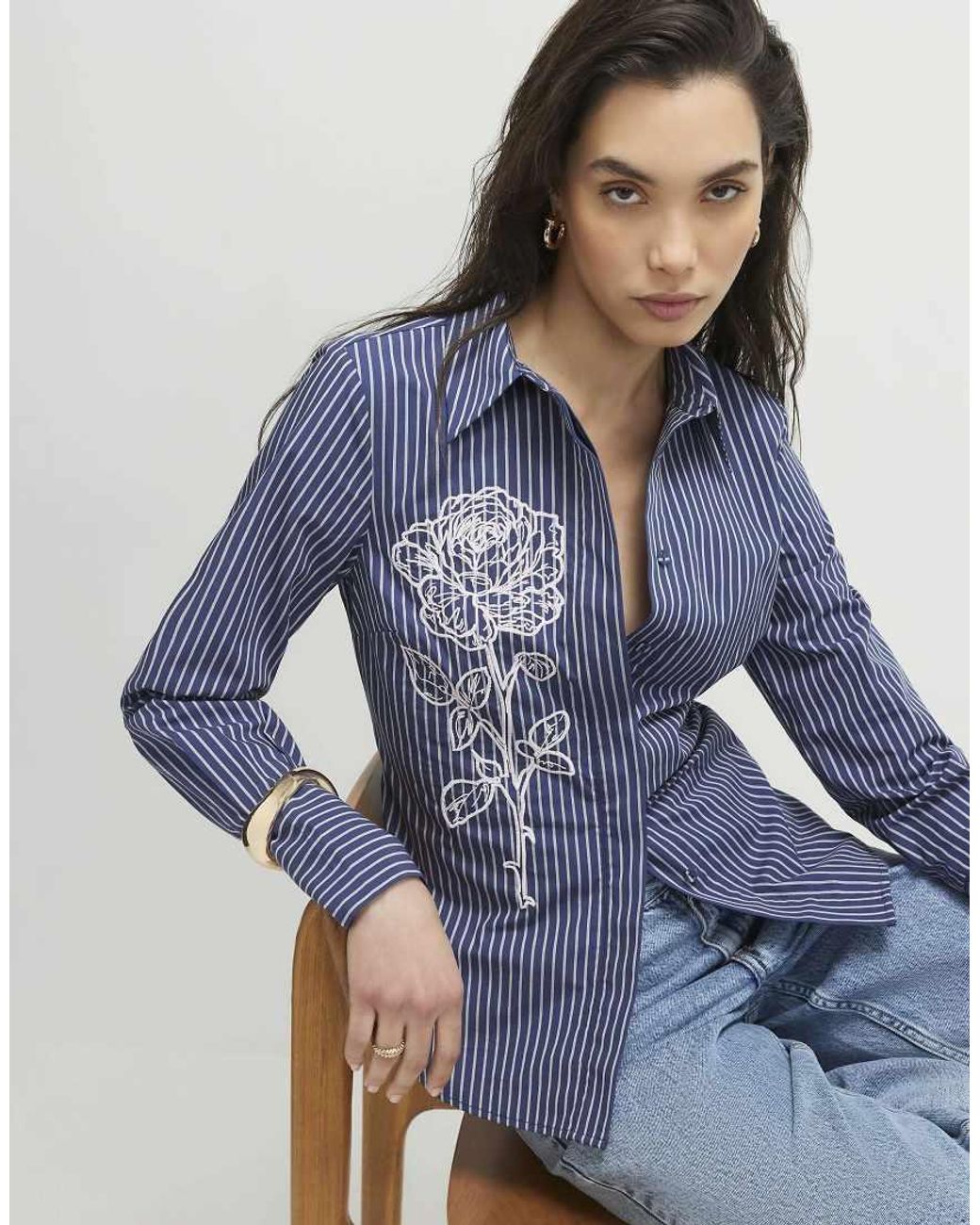 River Island Blue Striped Long Sleeve Embroidered Shirt