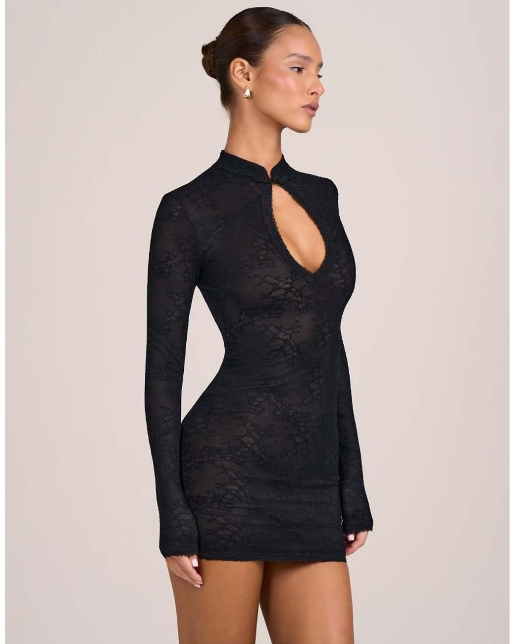 Oh Polly Black Lace Mesh Mandarin Collar Mini Dress