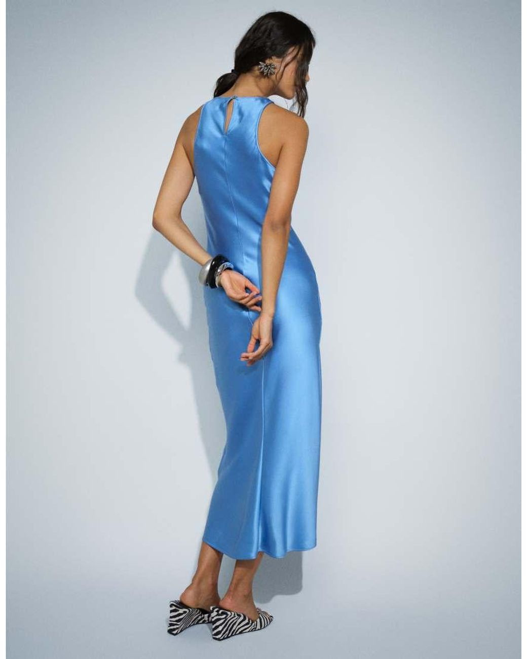 & Other Stories Blue Bias Cut Satin Midi Dress