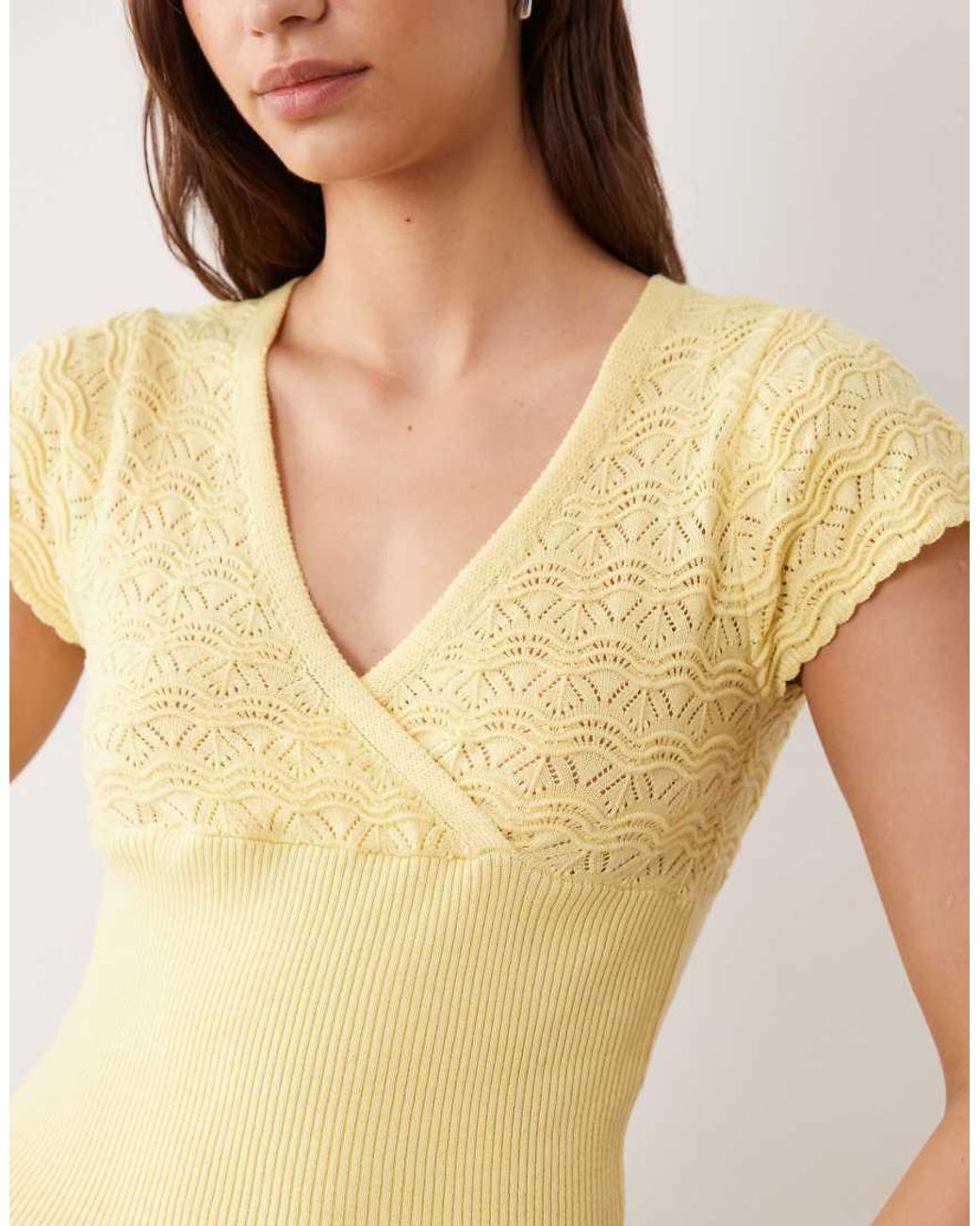 Miss Selfridge Yellow Mock Wrap Short Sleeve Knit Top