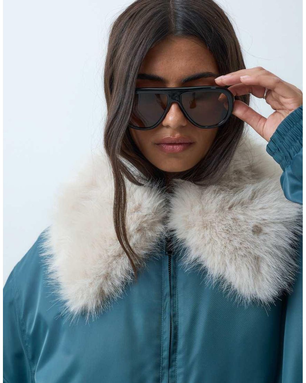 ASOS Blue Ma1 Bomber Jacket With Natural Faux Fur Trim