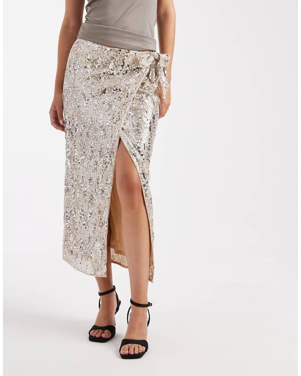 ASOS Natural Mixed Sequins Wrap Midi Skirt