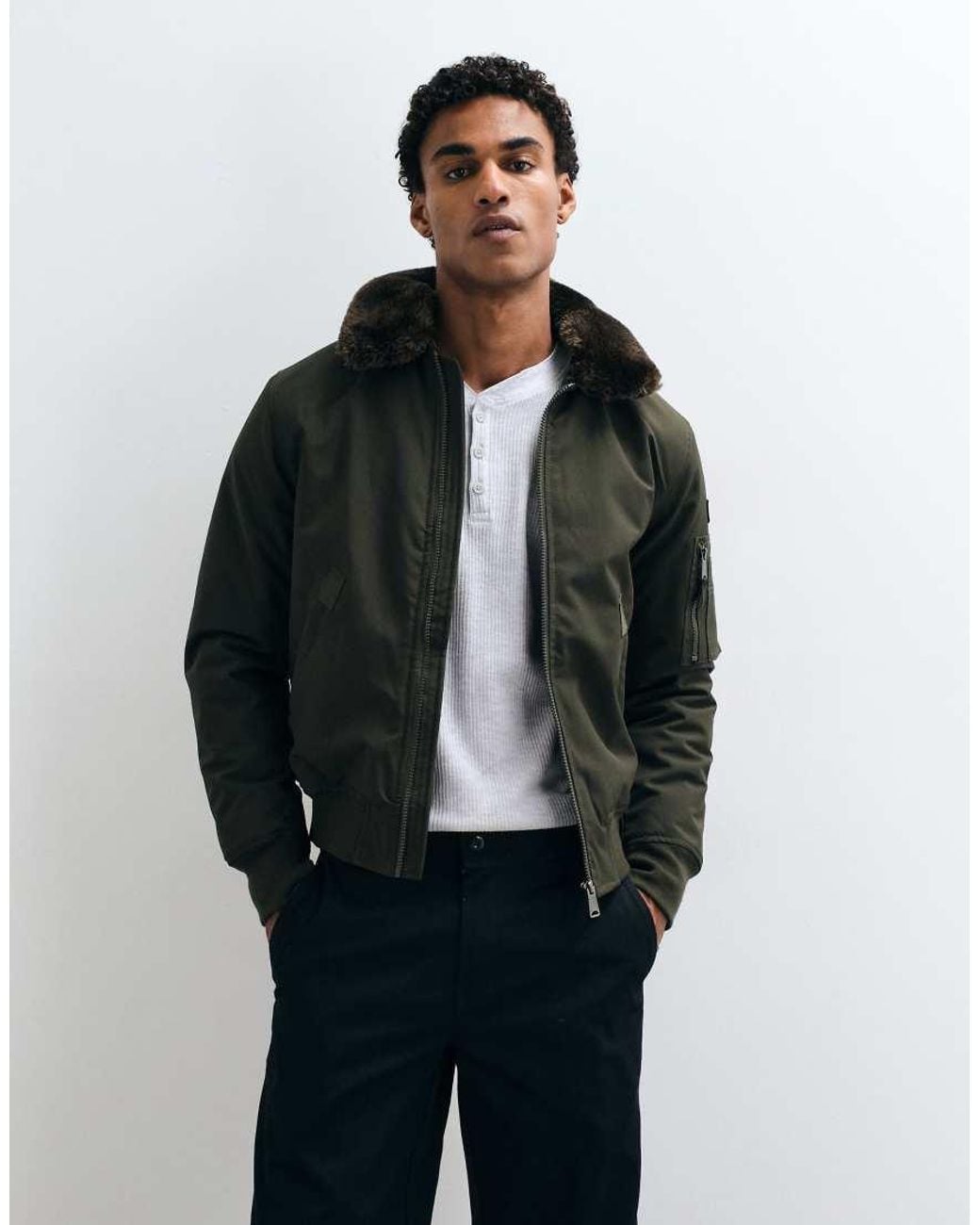 Schott Nyc Blue Faux Fur Collar Padded Bomber Jacket for men