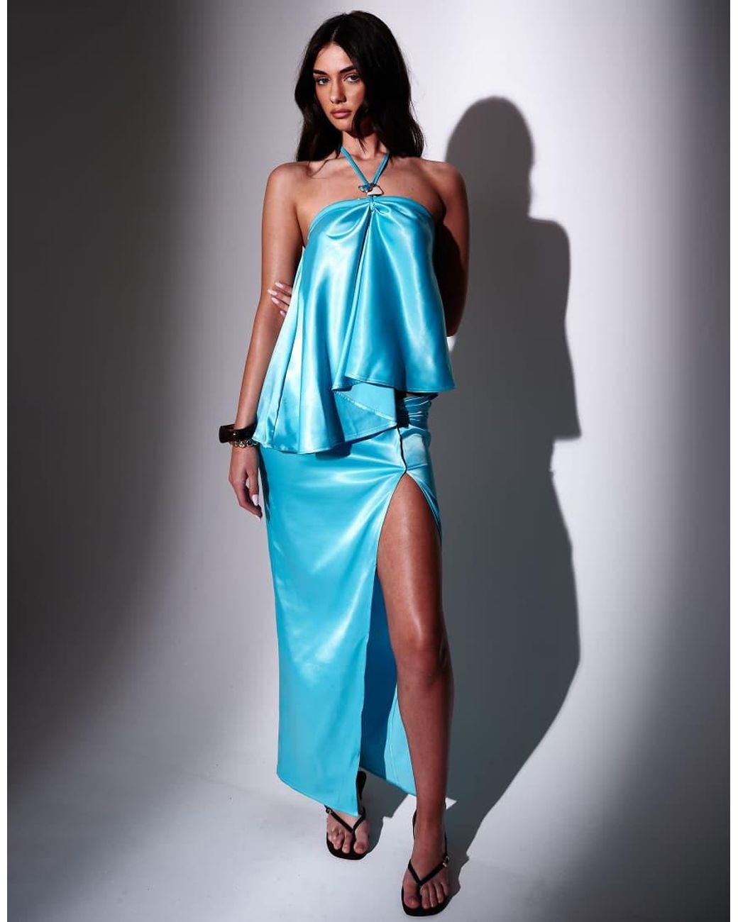 South Beach Blue Twisted Satin Midi Skirt