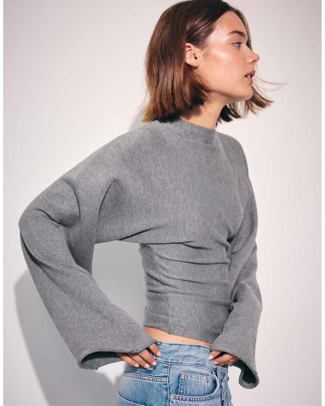 Stradivarius Gray Stand Collar Knit Jumper With Kimono Sleeves