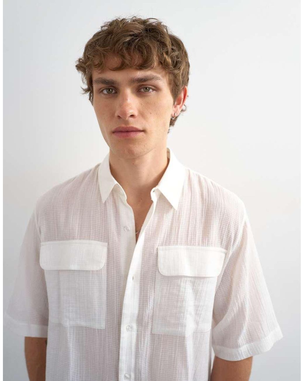 Topman White Relaxed Fit Crop Sheer Ripstop Short Sleeve Shirt for men