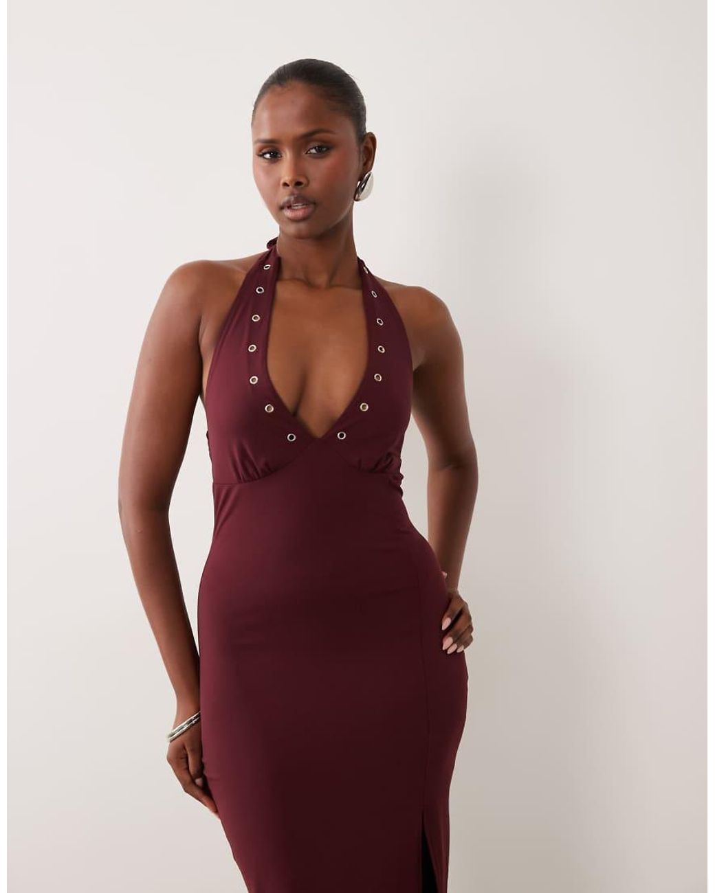The Frolic Red Exclusive Bengaline Eyelet Detail Halterneck Plunge Maxi Dress