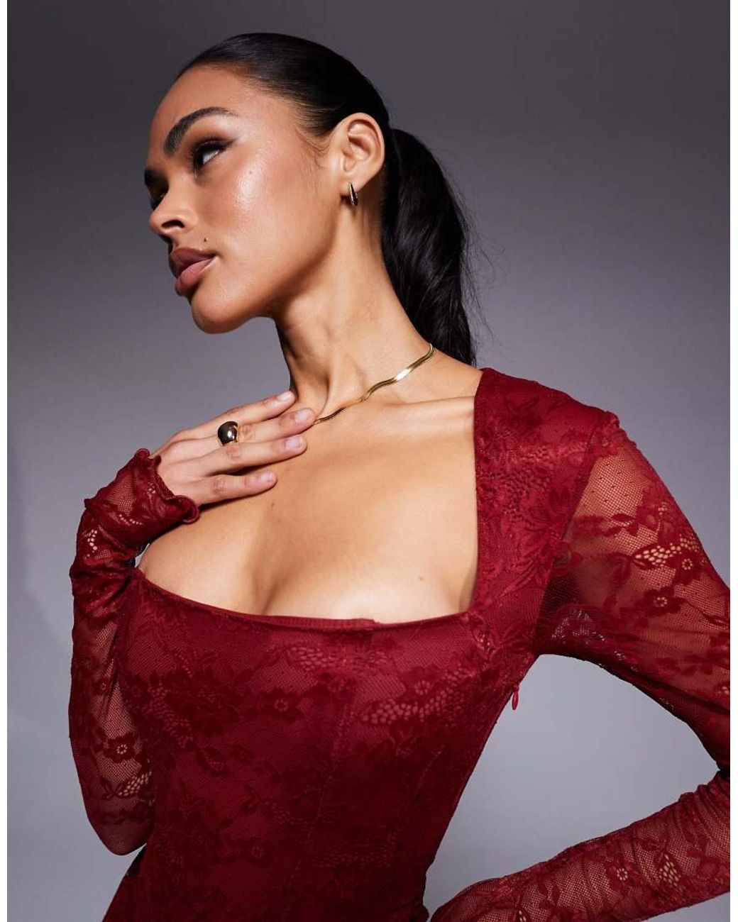 Murci Square Neck Long Sleeve Gathered Ruffle Hem Lace Mini Dress