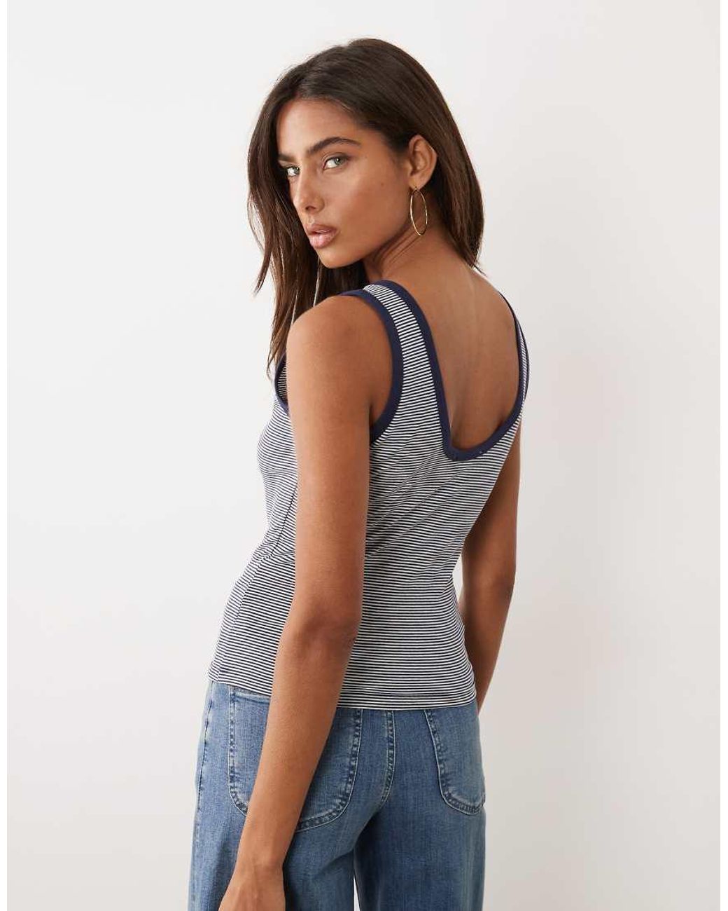 GOOD AMERICAN Blue Cotton Super Stretch Scoop Neck Ringer Tank Top