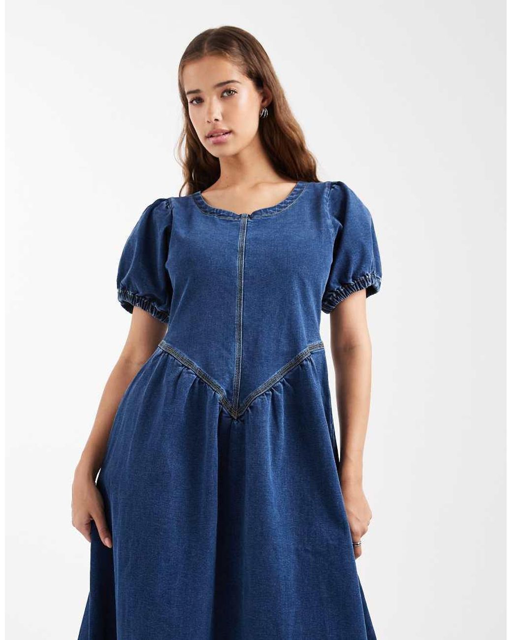 Daisy Street Blue Puff Sleeve Drop Waist Maxi Dress