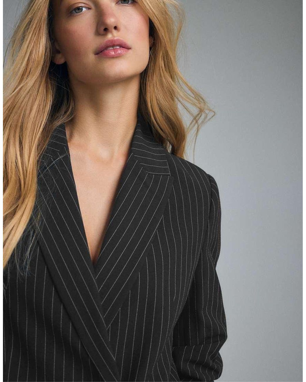 Stradivarius Gray Straight Striped Button Blazer