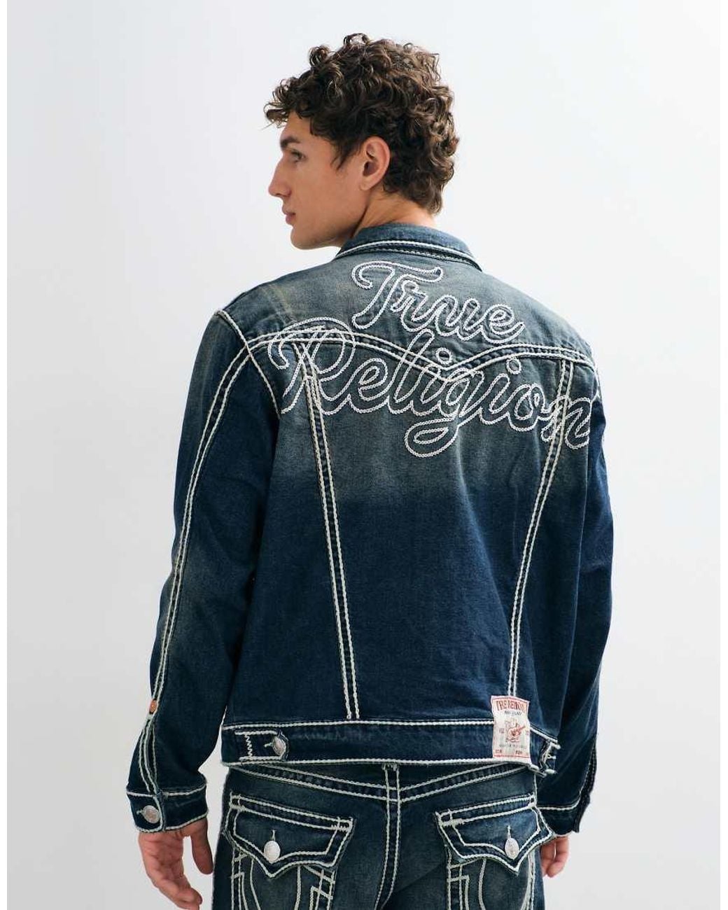 True Religion Blue Oversized Fit Rope Stitch Back Print Jimmy Trucker Jacket for men