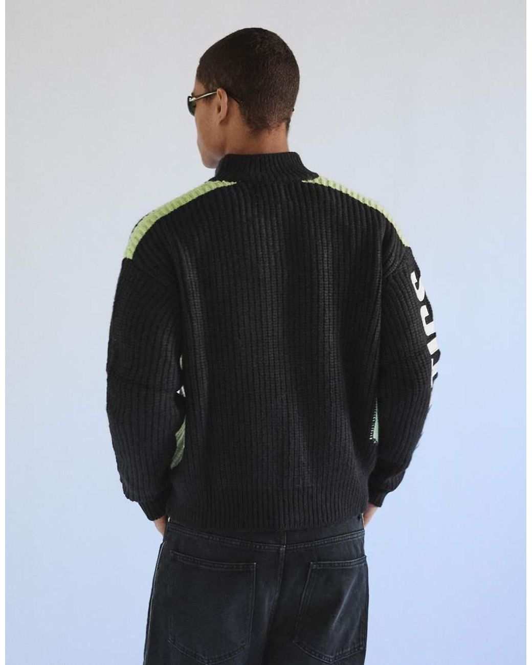 Bershka Black Embroidered Zip-up Knit Jacket for men