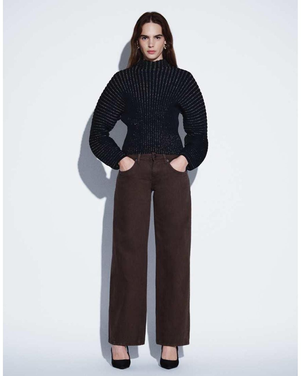 & Other Stories Blue Long Sleeve Knit Top With High Neck And Rib Detail