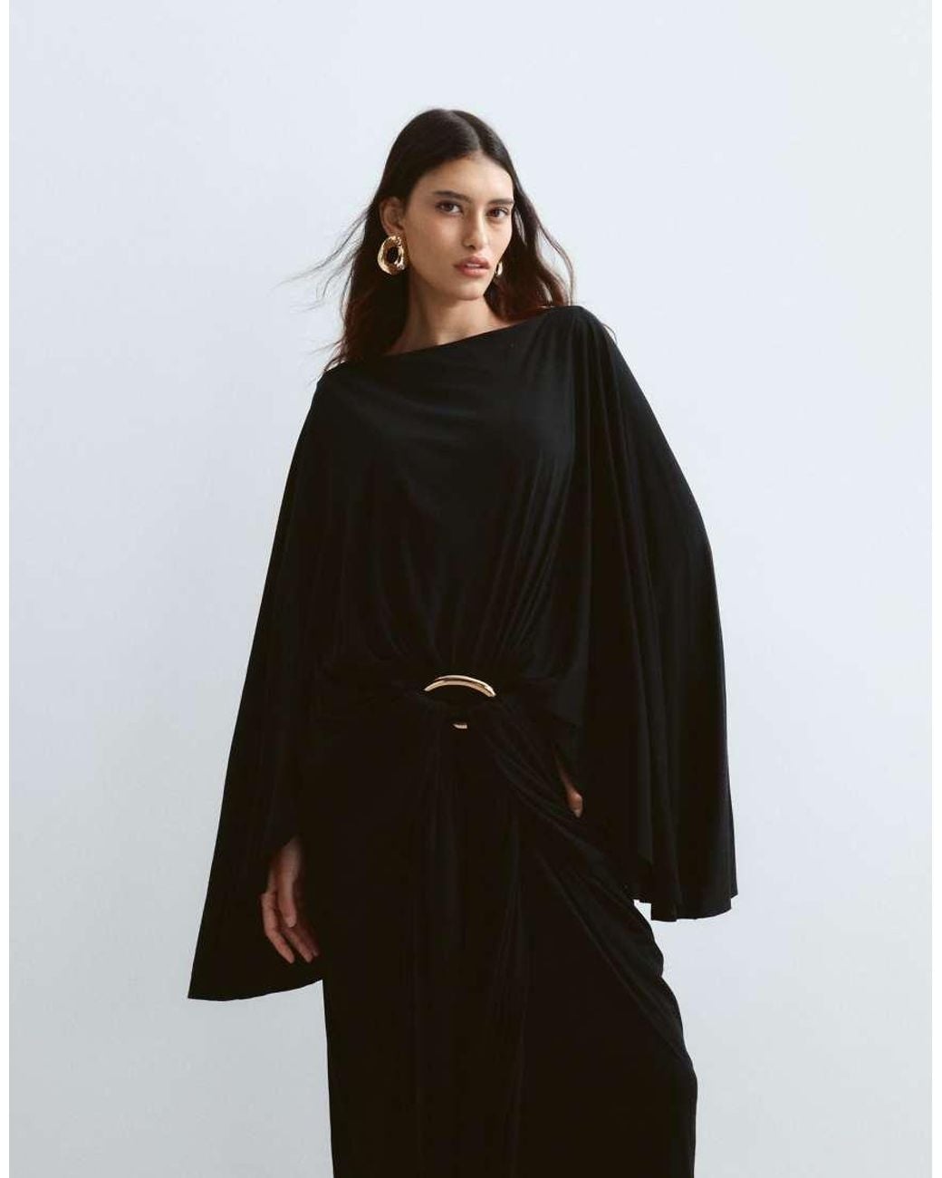 ARRANGE Black Long Sleeve Drape Maxi Dress With Hardware Trim Detail