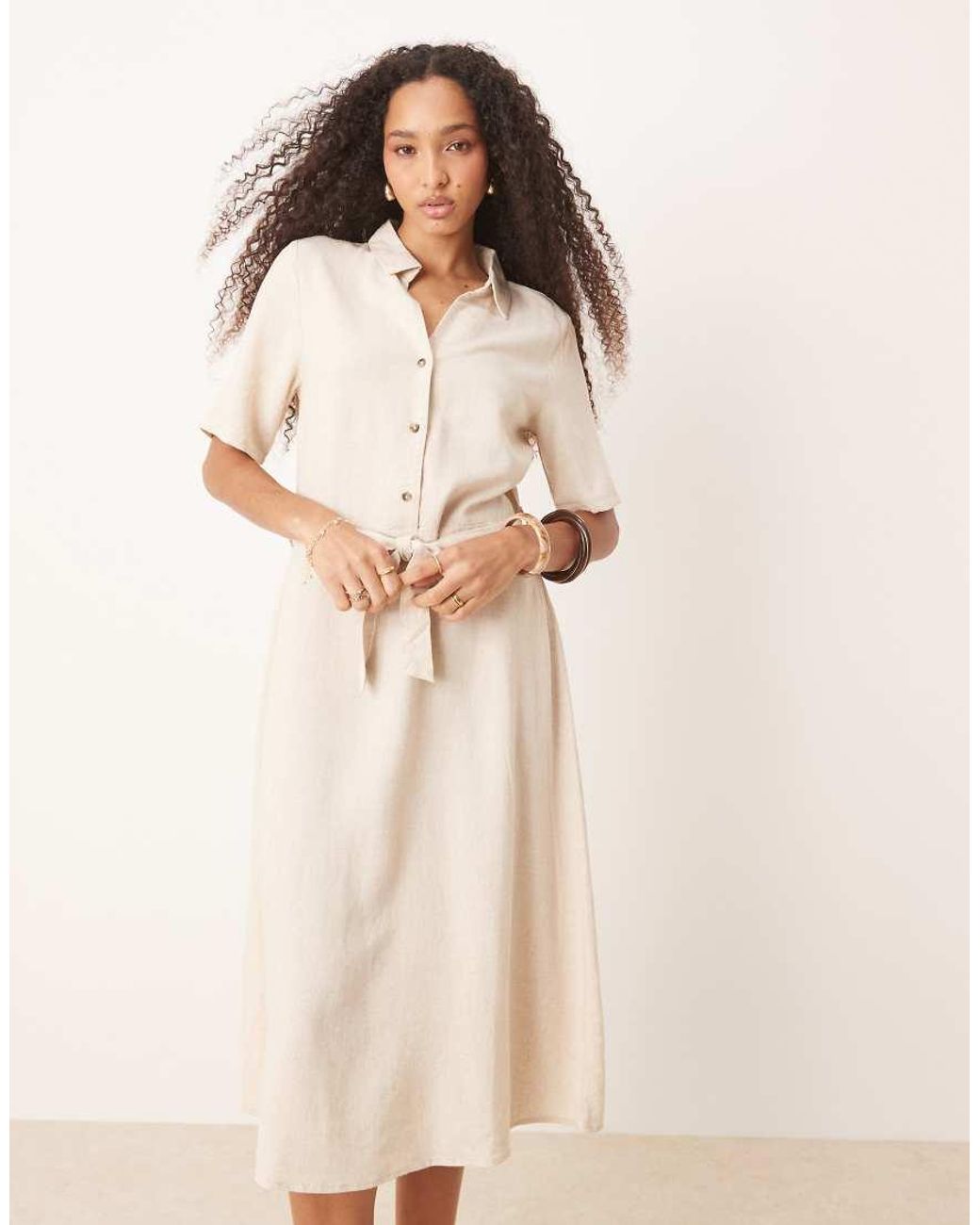 Jdy Natural Linen Mix Midi Shirt Dress