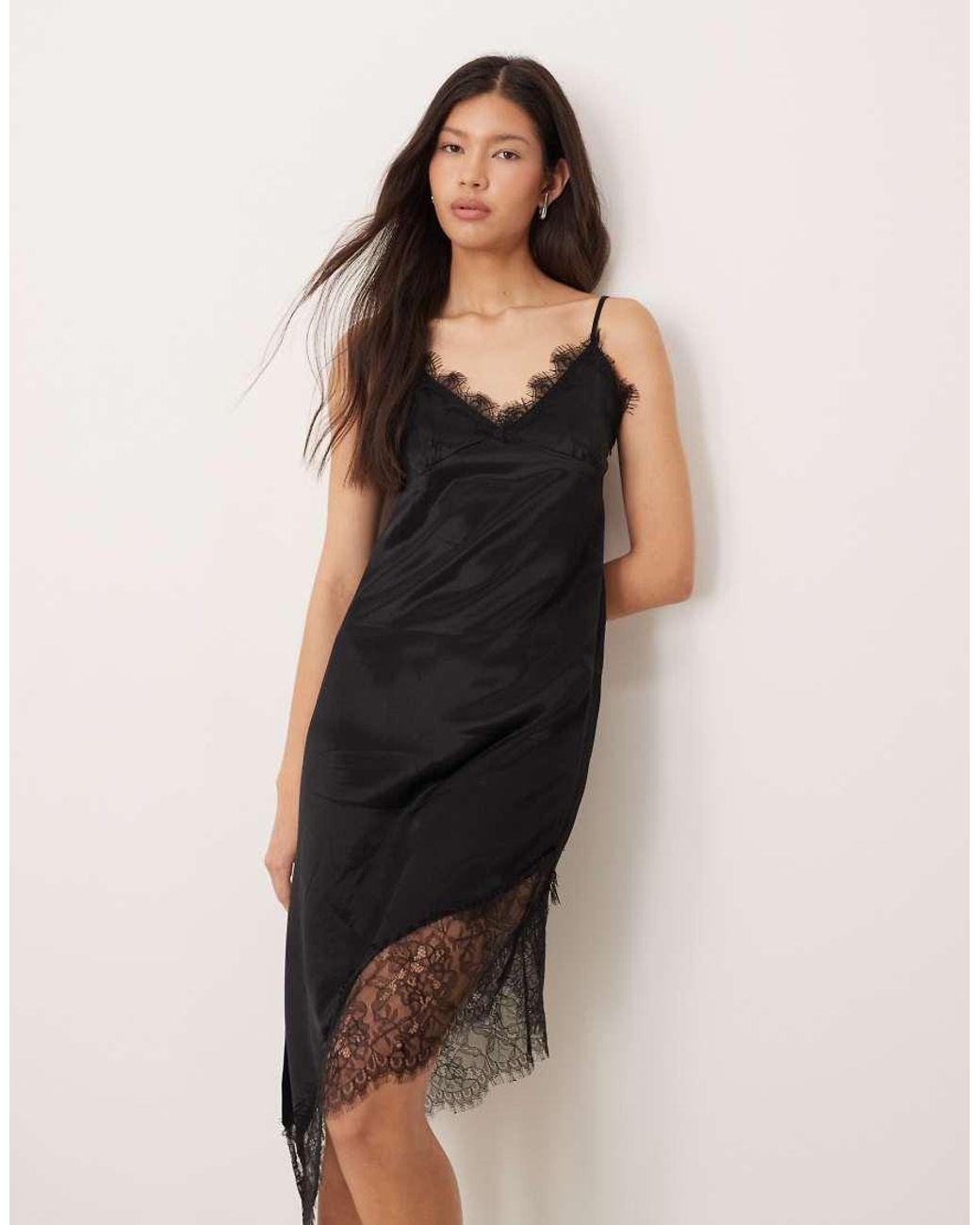 ASOS Black Satin Lace Trim Asym Hem Maxi Dress