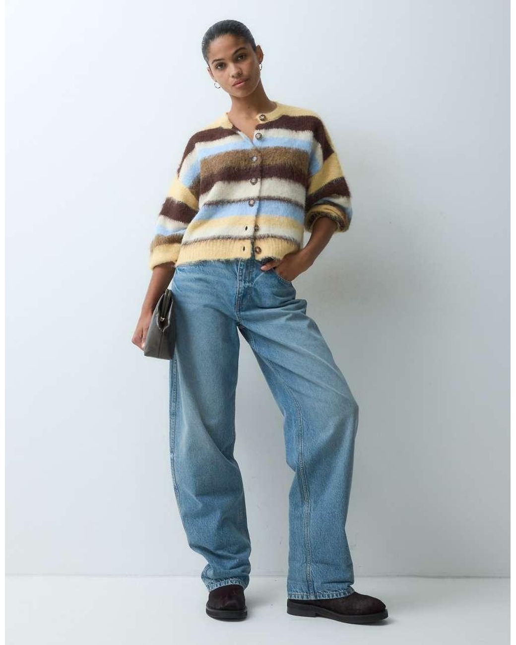 Miss Selfridge Metallic Stripe Brushed Crew Neck Cardigan