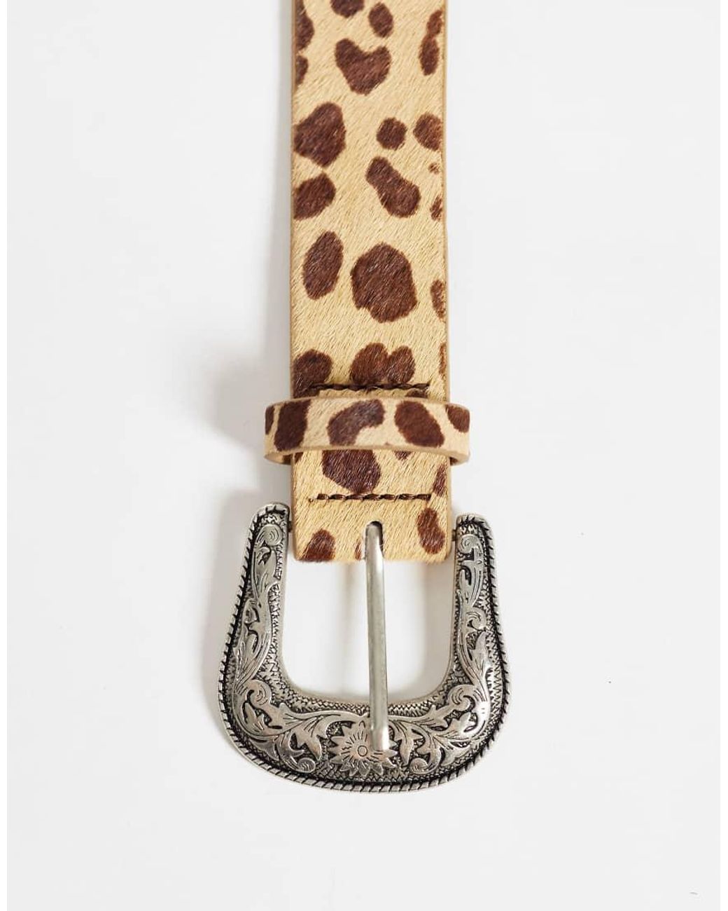 ASOS Natural Western Buckle Leopard Print Cowhide Hair Belt for men
