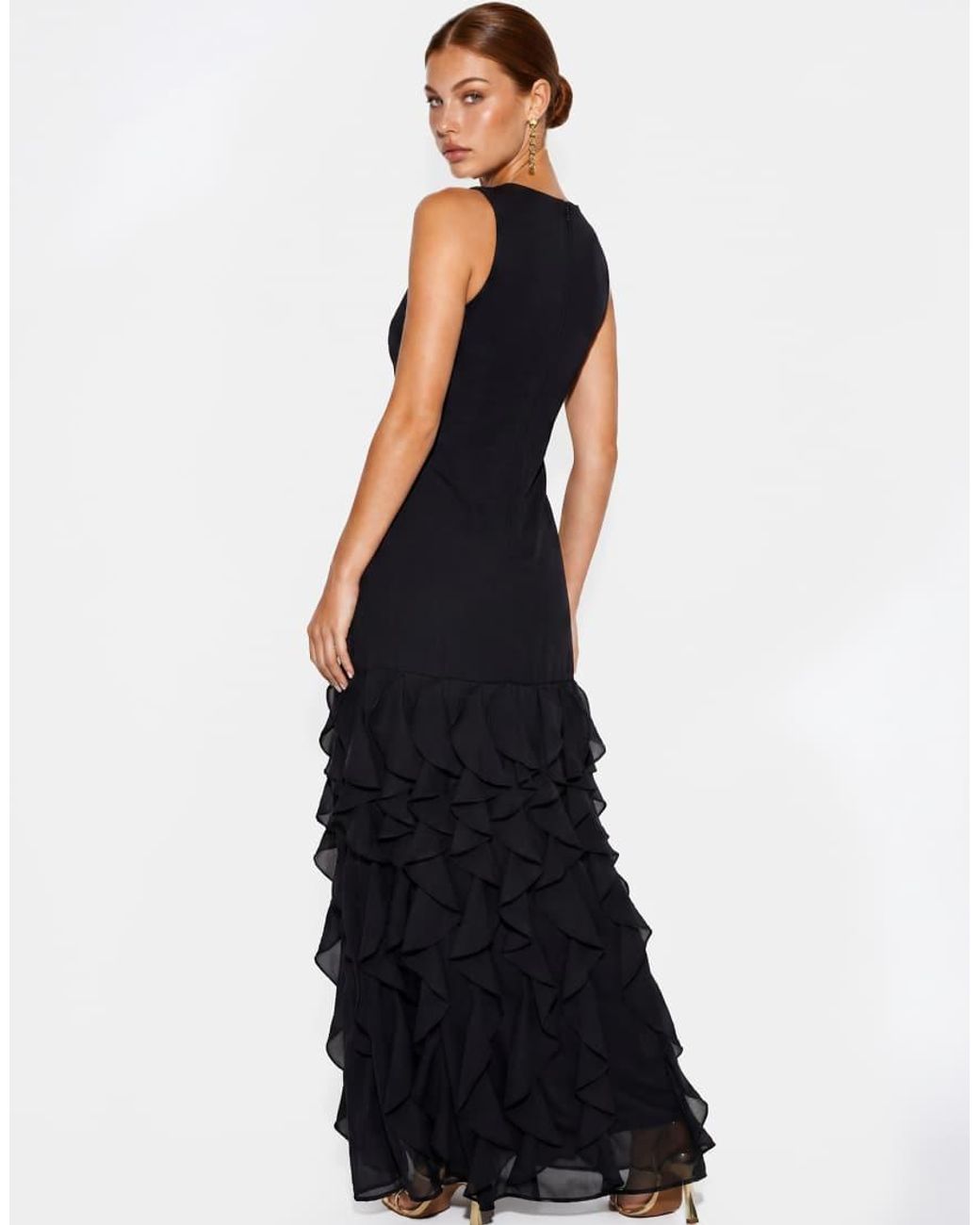 Maya Black Embellished Waterfall Ruffle Sleeveless Maxi Dress