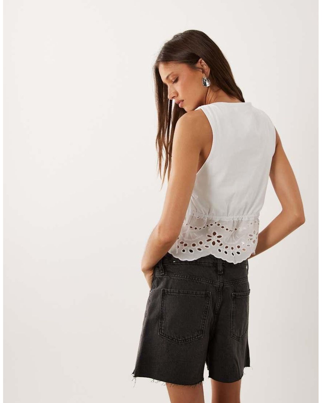 Mango White Cotton Rich Embroidered Sleeveless Top
