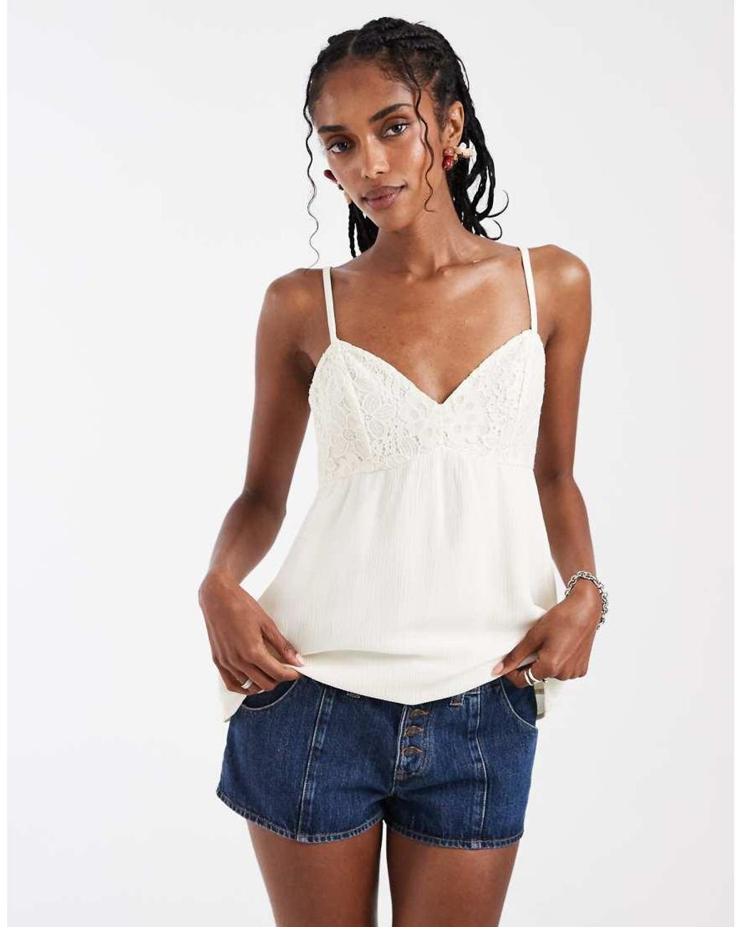 Hollister White V Neck Lace Godet Babydoll Cami Top