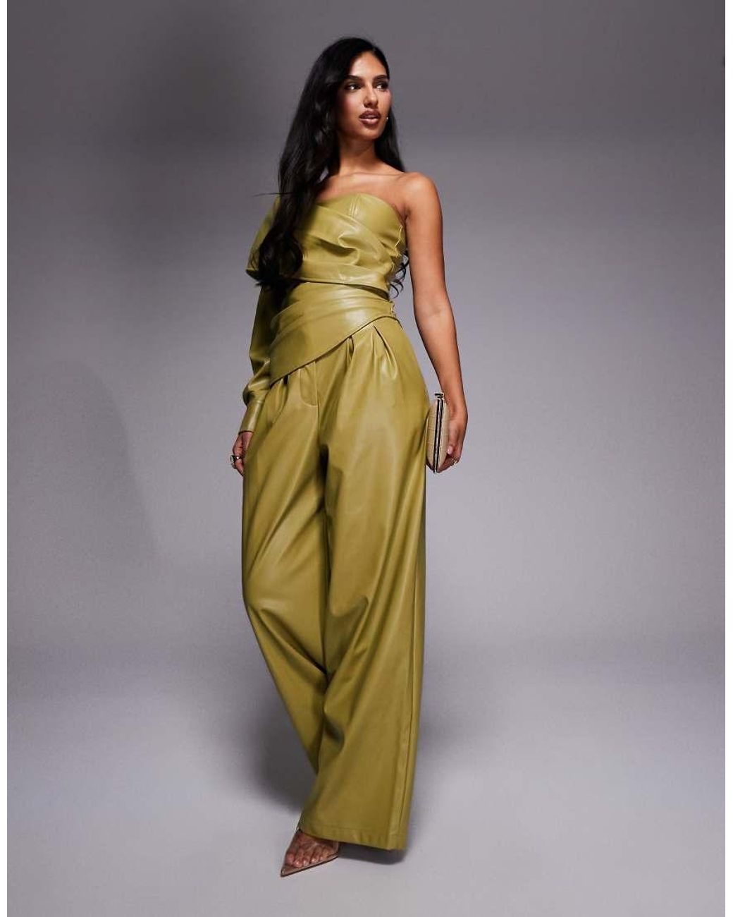 ASOS Green Pu One Shoulder Pleated Top