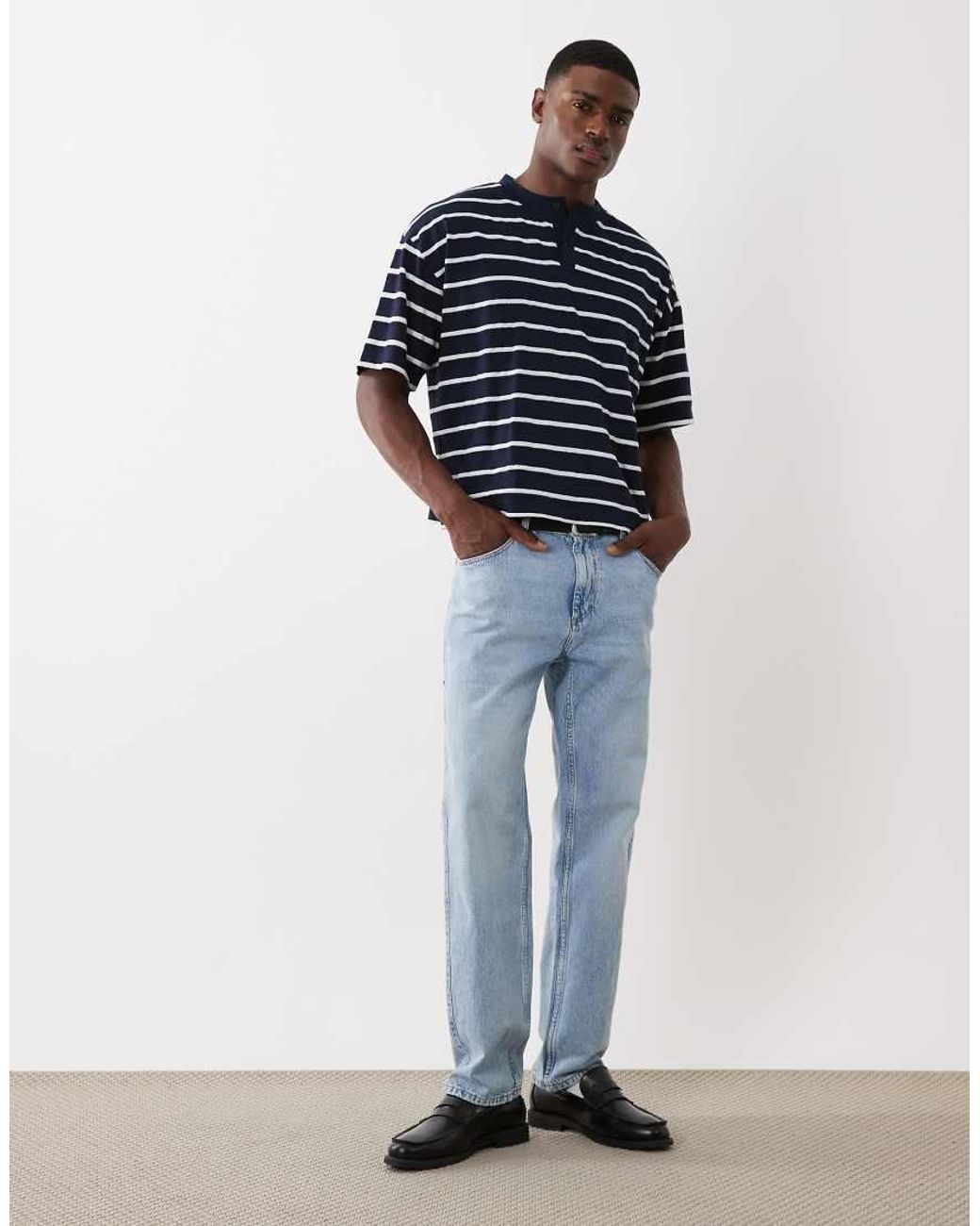 ASOS Blue Boxy Oversized Henley T-shirt for men
