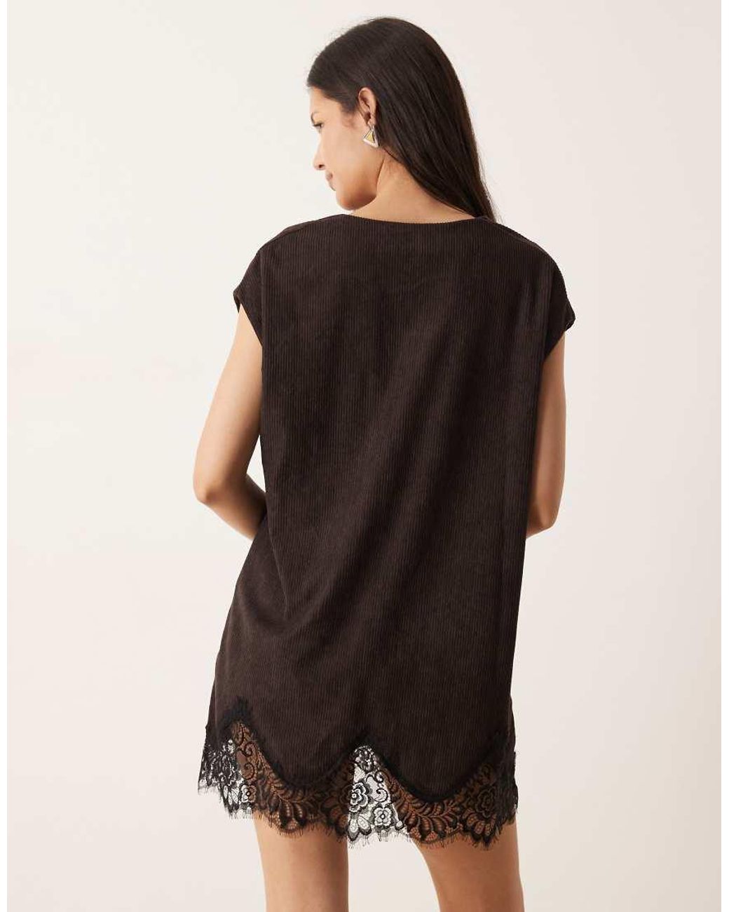 ASOS Natural Cord V Neck Lace Trim Mini Shift Dress