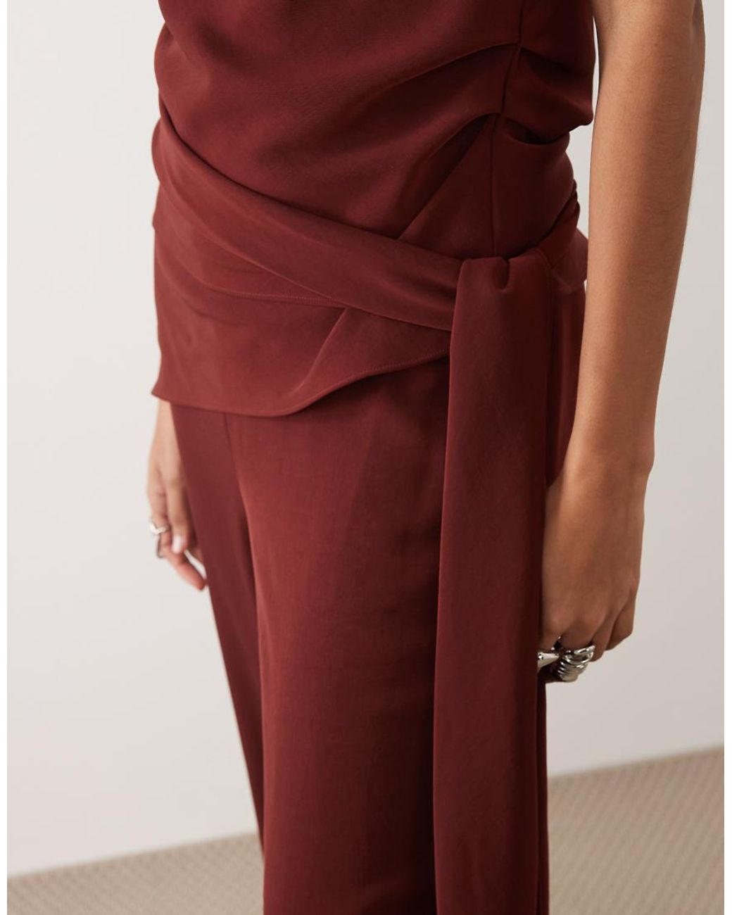 Mango Red One Shoulder Tie Waist Jumpsuit