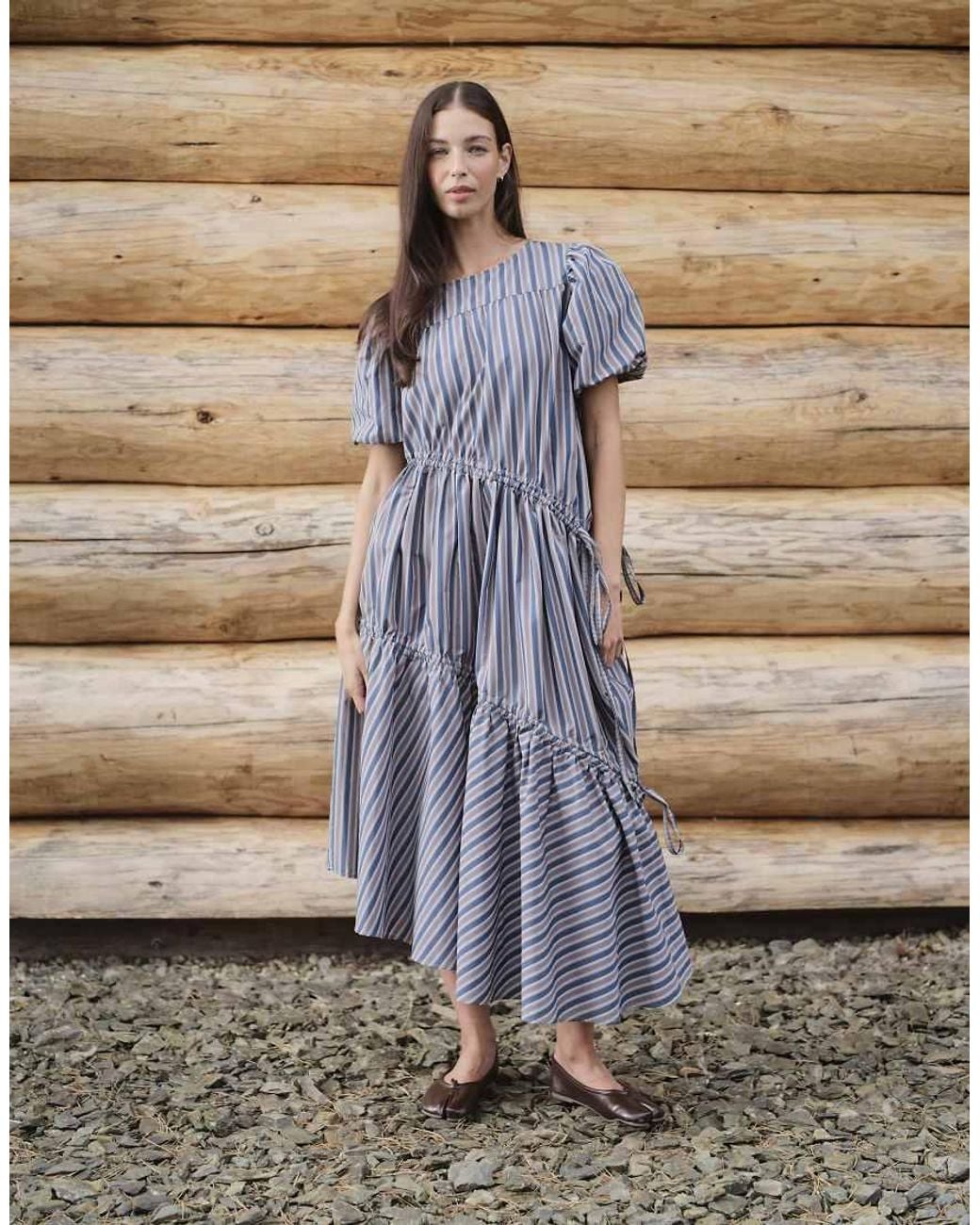 Daisy Street Blue Puff Sleeve Tiered Midi Dress