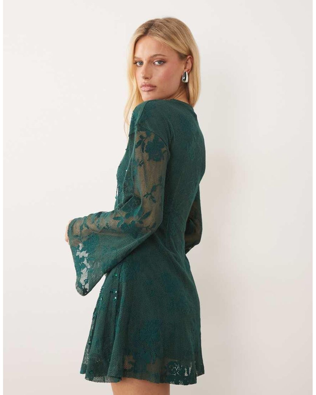 ASOS Green Embellished Crochet Plunge Mini Dress With Long Sleeves