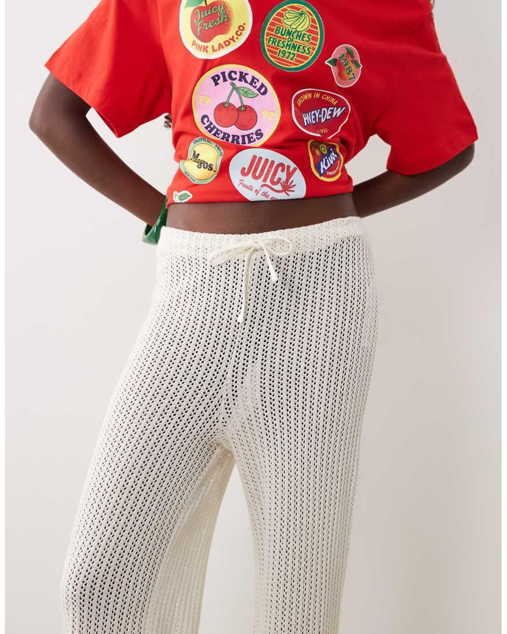 ASOS White Crochet Jersey Micro Waistband Trouser Co-Ord
