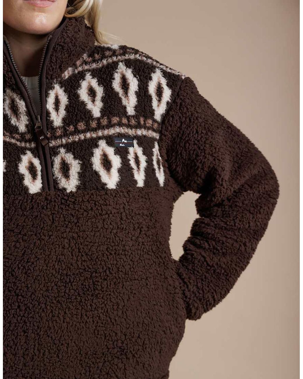 French Connection Brown Fairisle Borg High Neck 1/2 Zip Fleece Pullover