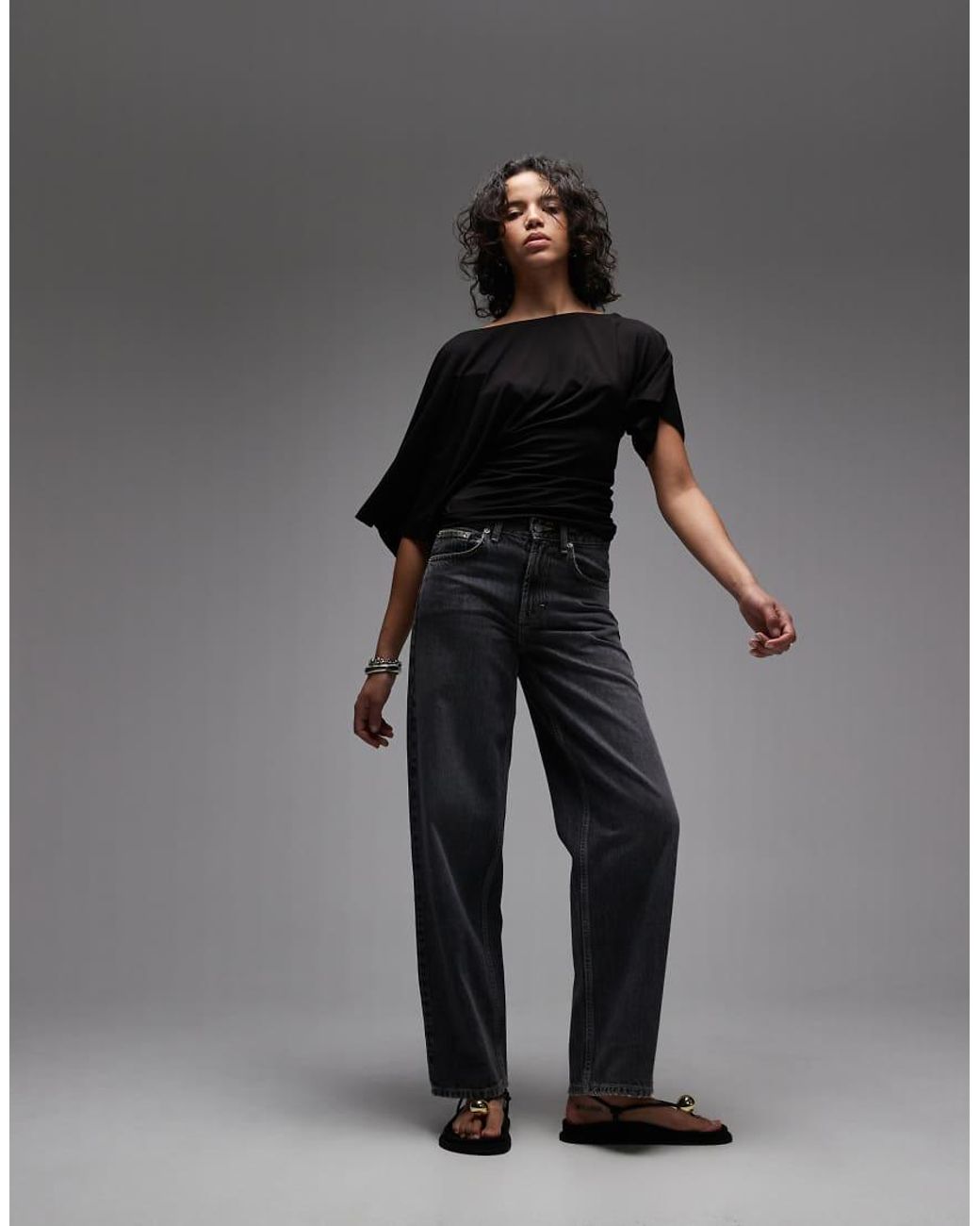 ASOS Black Fallen Shoulder With Cinched Waist Top