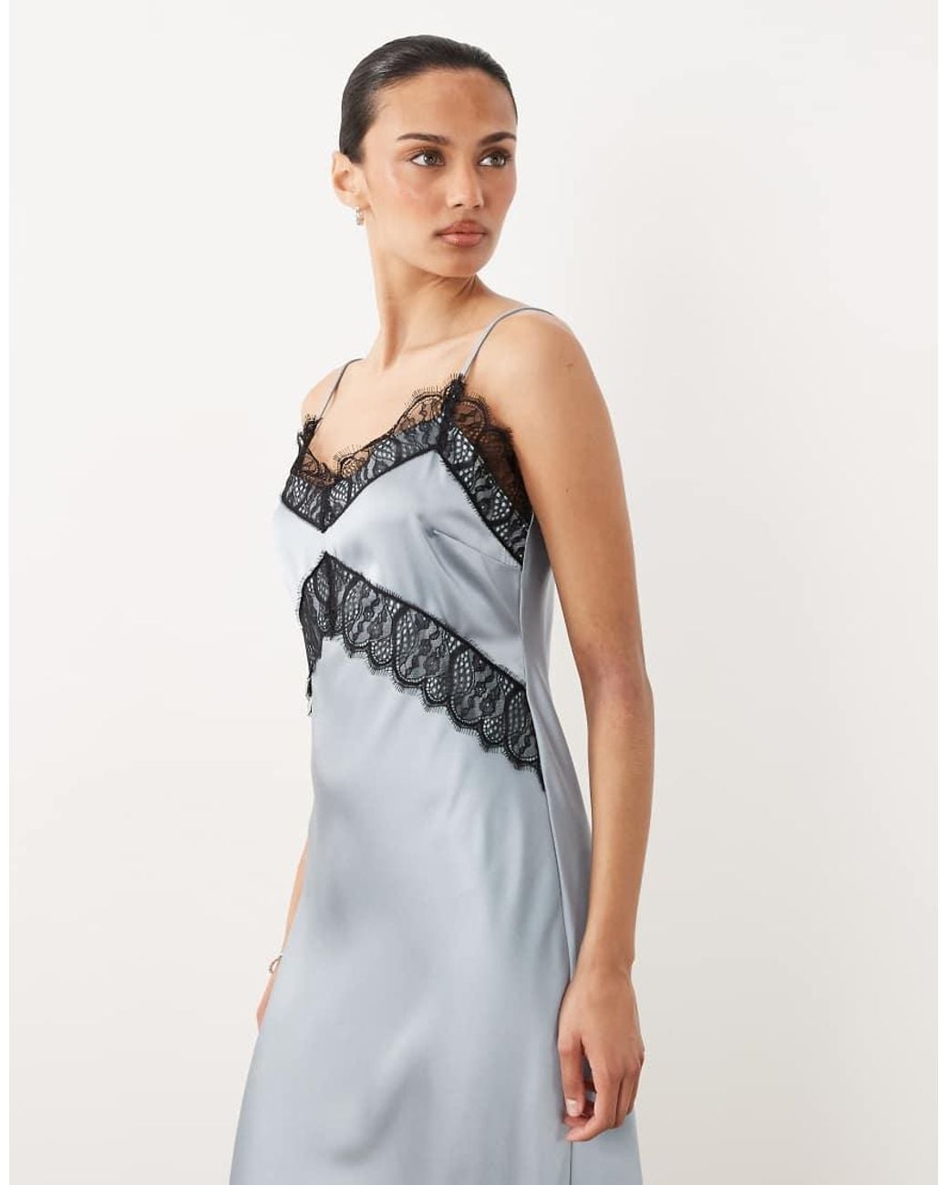 New Look Asymmetric Contrast Lace Trim Midi Dress in Blue
