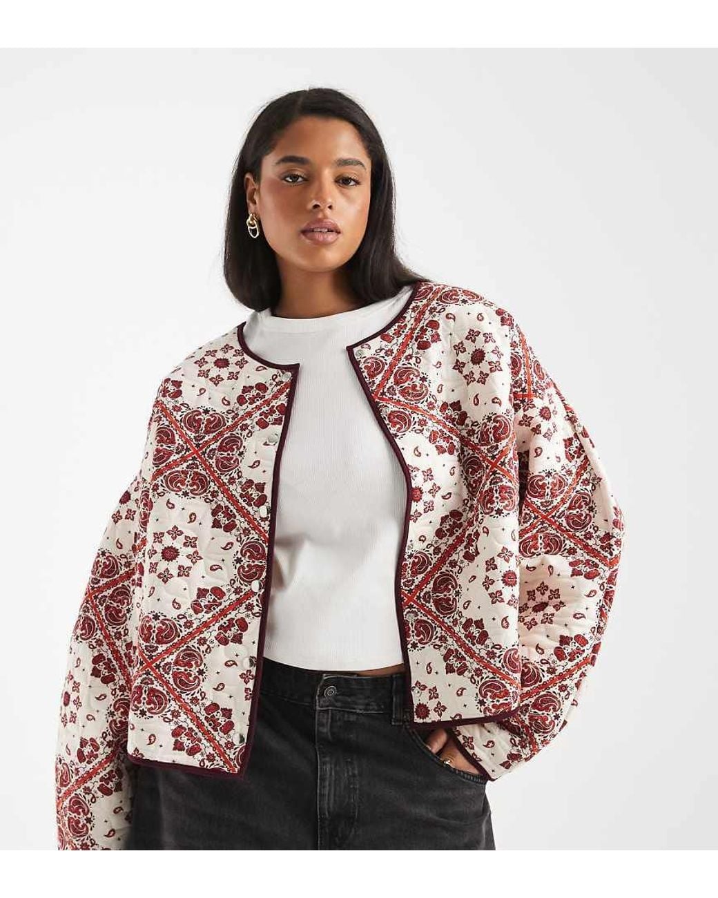 ASOS Red Asos Design Curve Quilted Jacket With Bandana Print