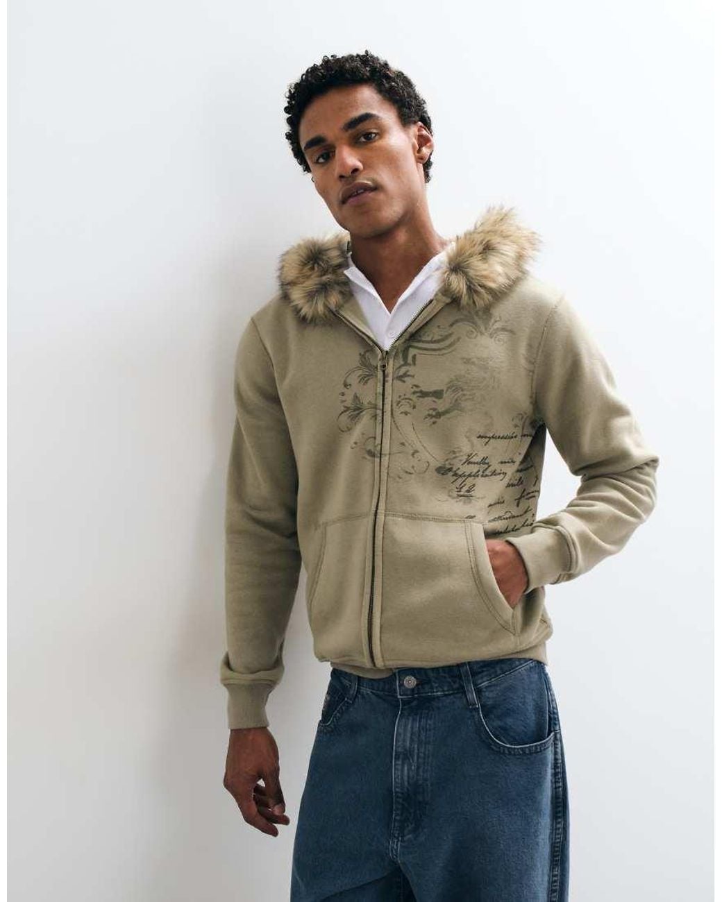 Hollister Green Fur Lined Zip Up Hoodie for men
