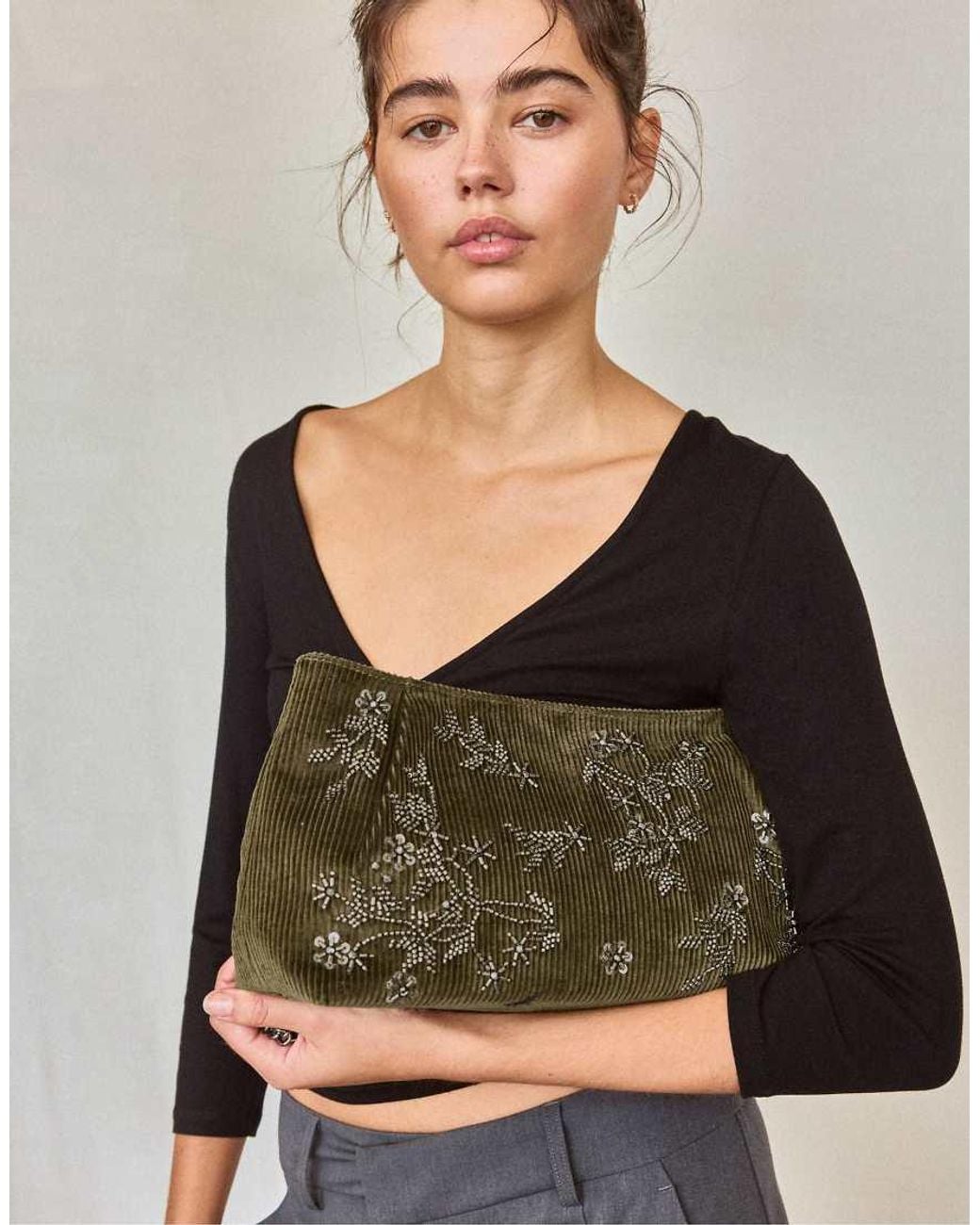 Stradivarius Green Embroidered Clutch Bag