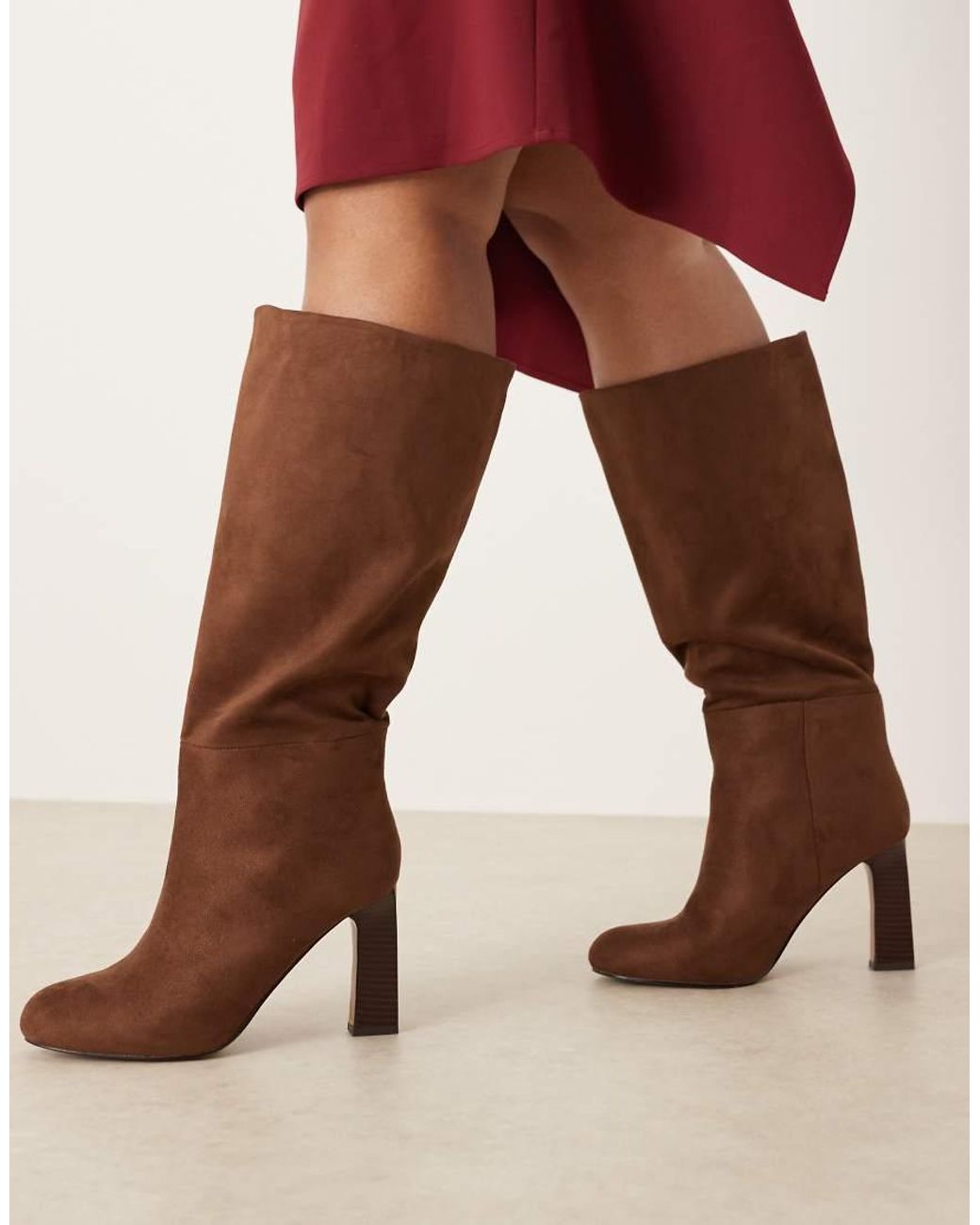 ASOS Brown Curve Carly Block Heel Pull On Knee Boots