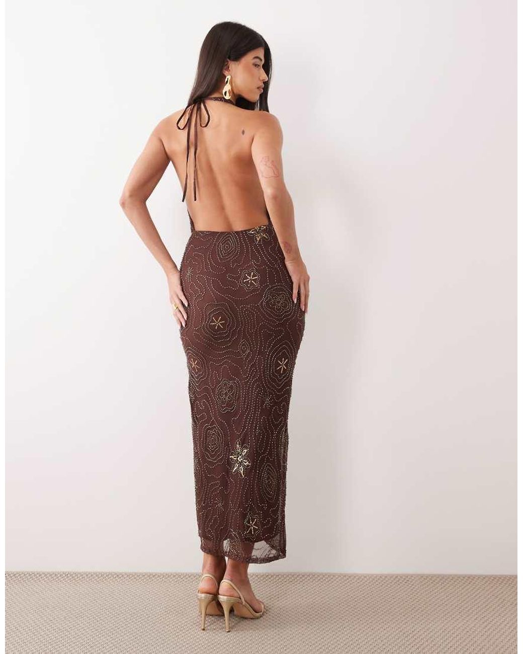 TFNC London Brown Beaded Sequin Cowl Neck Maxi Dress