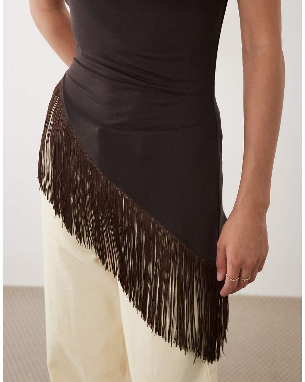 ASOS Natural Asymmetric Fallen Shoulder Top With Fringing Top