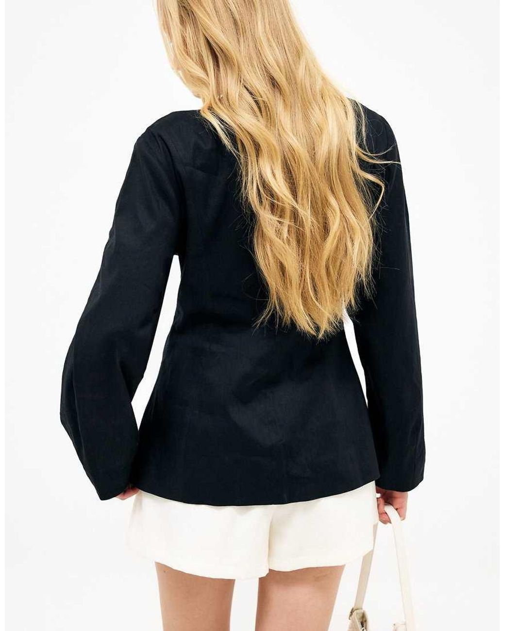 NA-KD Black Linen Blend Boatneck Fitted Blazer