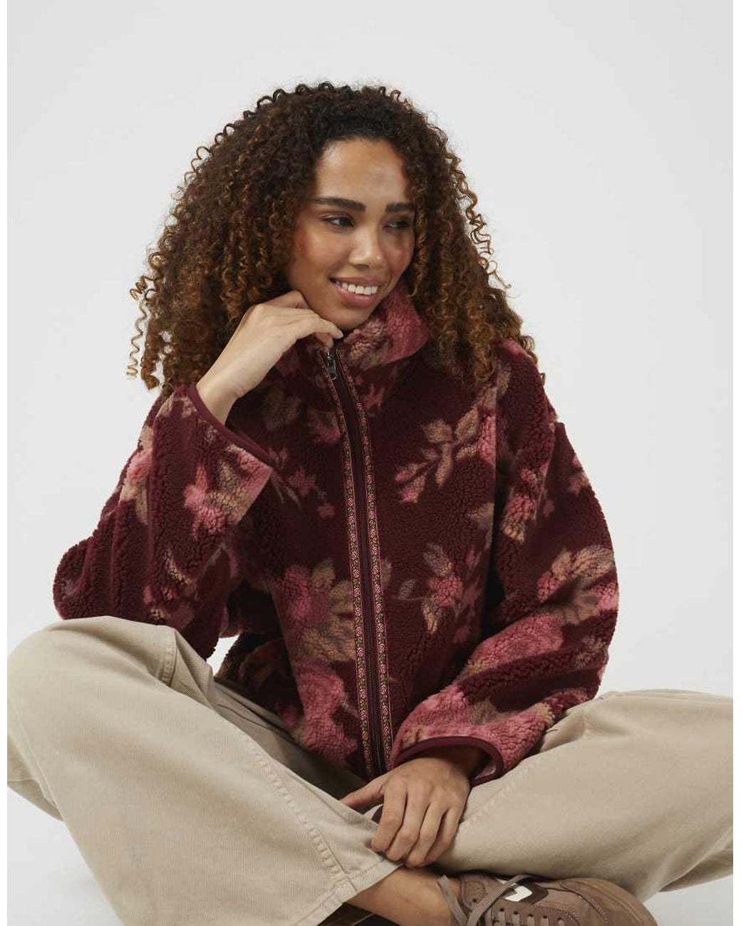Brave Soul Red Sherpa Fleece Floral Print Sweatshirt