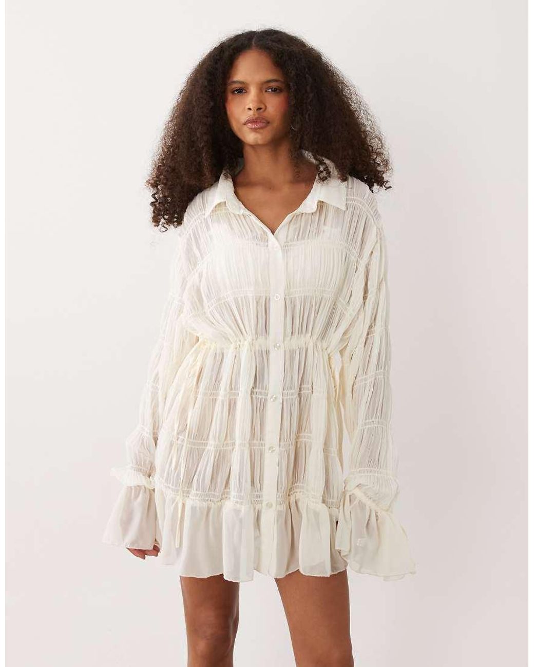SNDY'S Natural Shirred Tie Sleeve Cinch Waist Detail Mini Dress