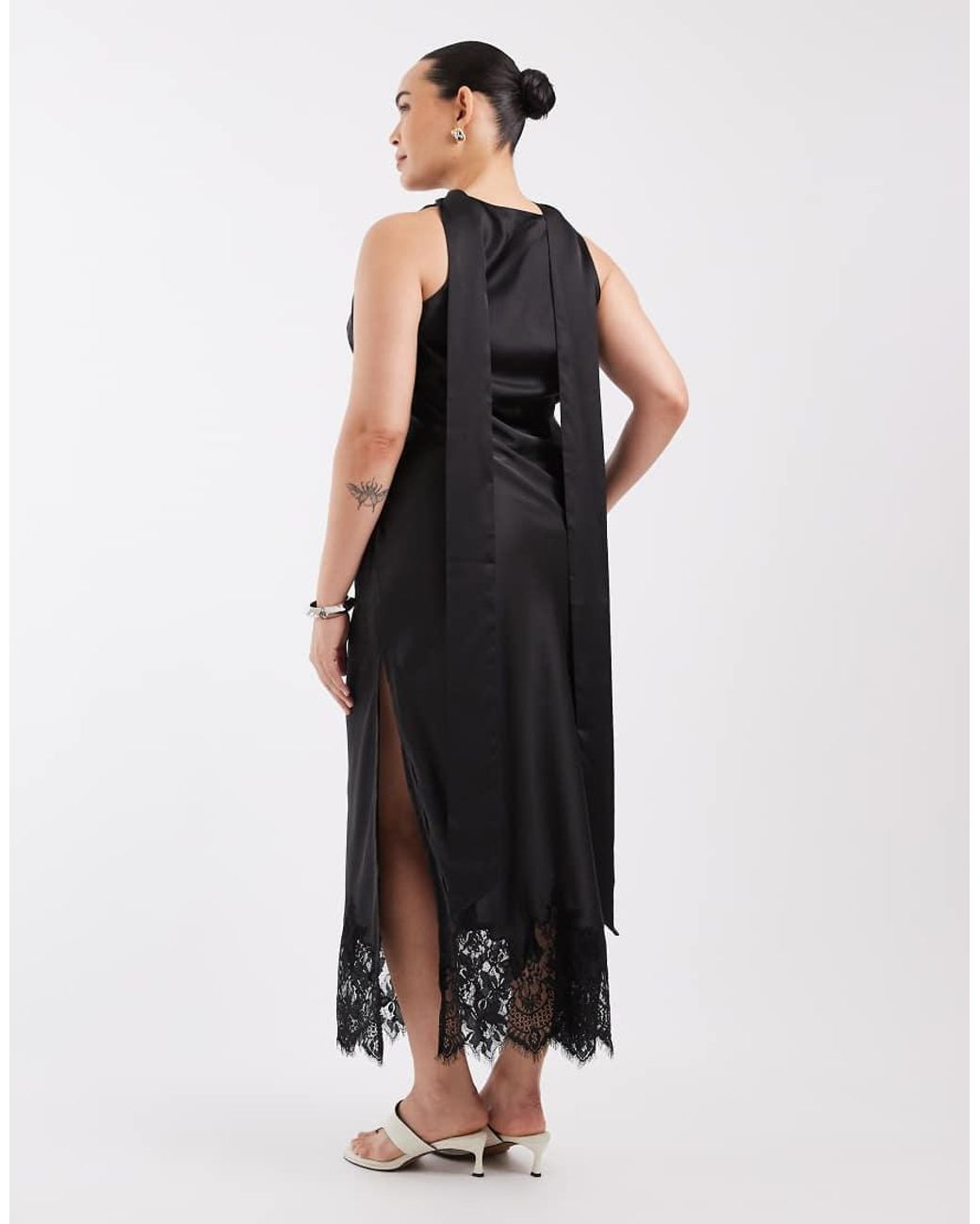 ASOS Black Asos Design Curve Satin Scoop Neck Column Maxi Dress With Lace Hem And Scarf