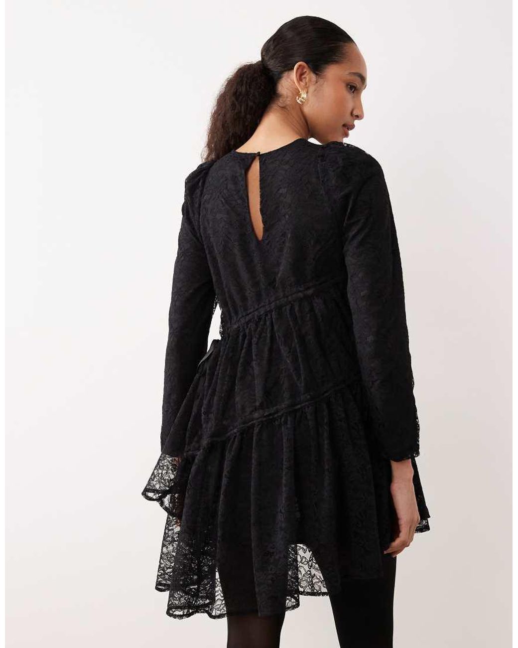 Ghospell Black Cotton Blend Lace Ruched Tie Detail Mini Dress