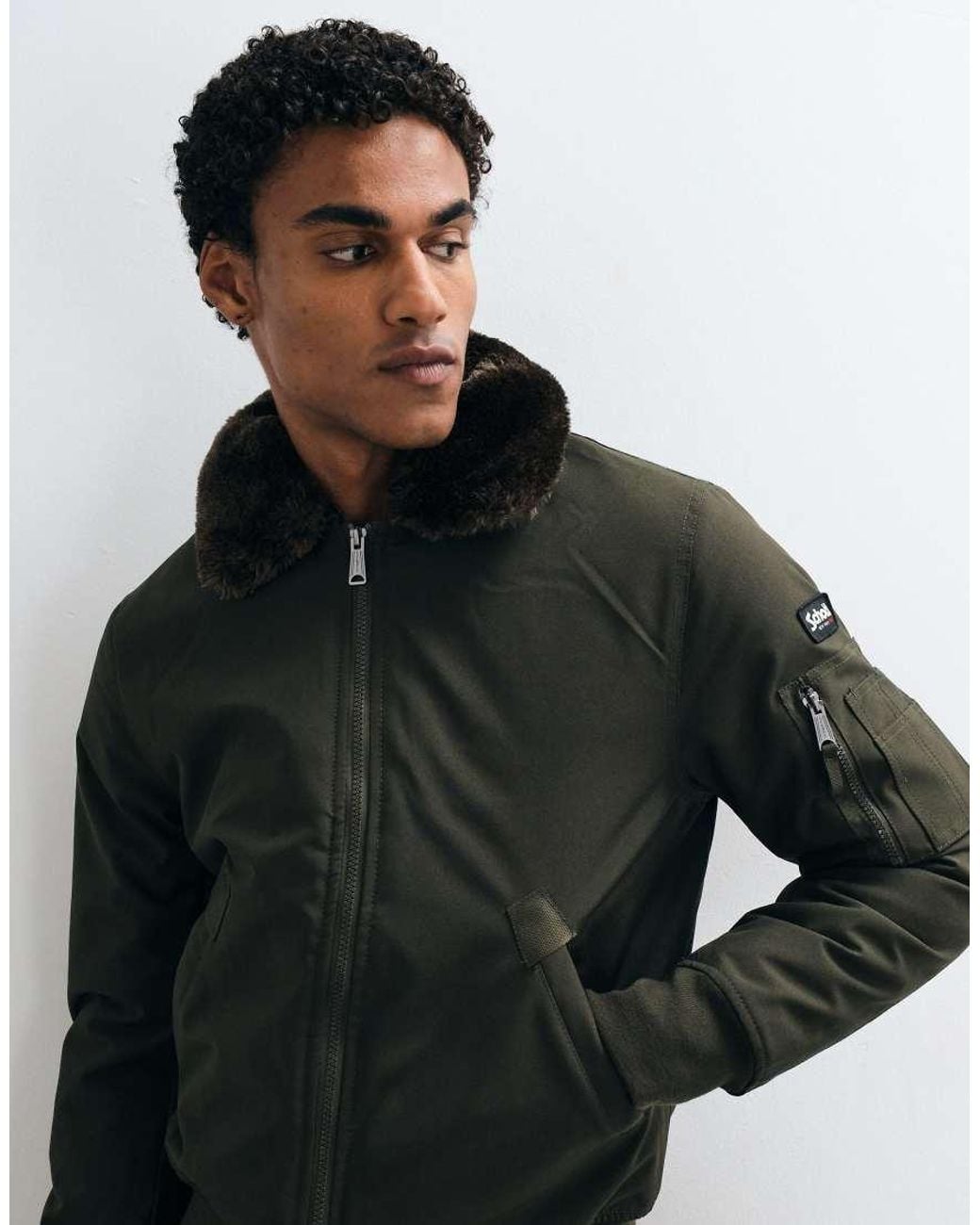 Schott Nyc Blue Faux Fur Collar Padded Bomber Jacket for men