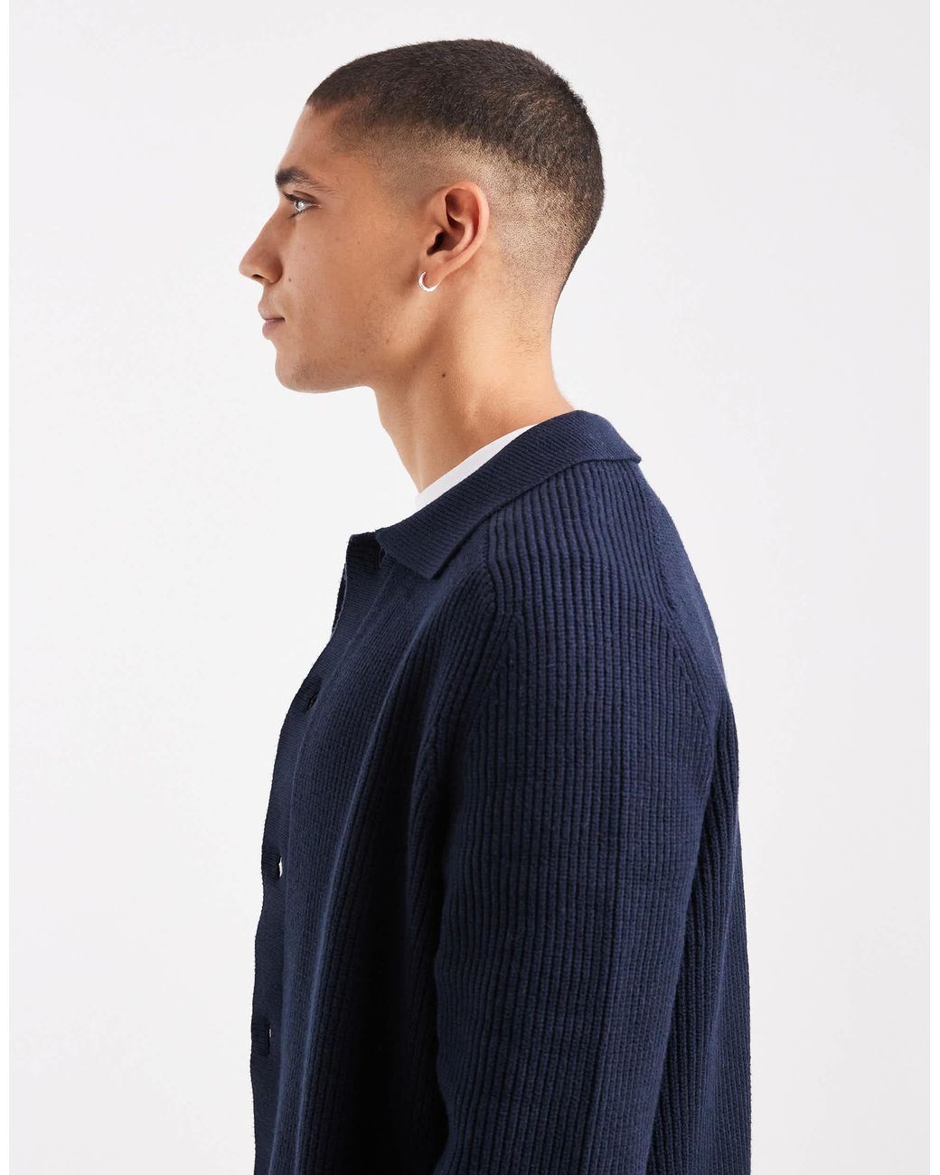 Threadbare Blue Knitted Button Down Cardigan With Collar for men